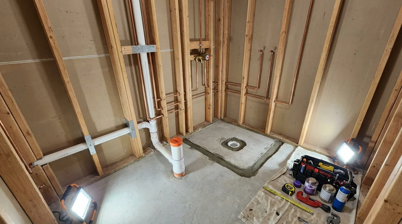 Bathroom rough-in plumbing during remodel by Johns Plumbing LLC in Sodus