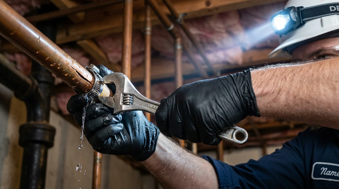 Emergency pipe clamp repair being performed by a Johns Plumbing LLC plumber in Sodus