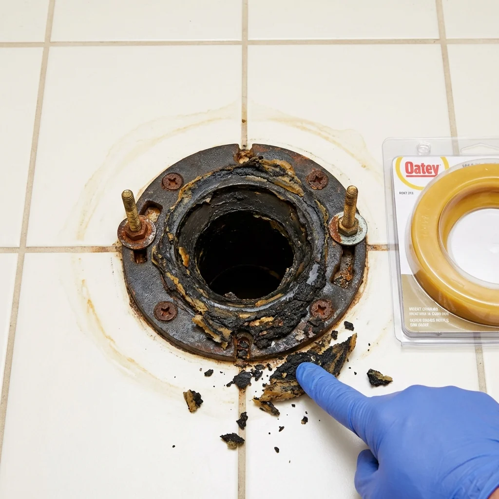 Failed wax ring showing water seepage at the base of a toilet in a Sodus, NY home