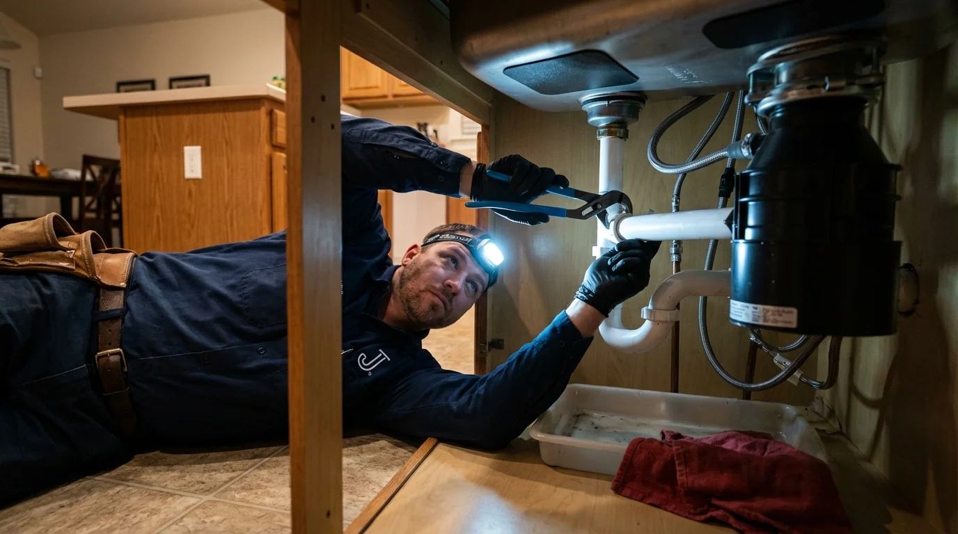 P-trap and supply line connections under a kitchen sink showing a common leak point in Sodus, NY